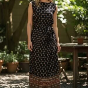 Liz Claiborne Vintage 100% Silk Faux Wrap Midi Dress Women's 6 Black Tan